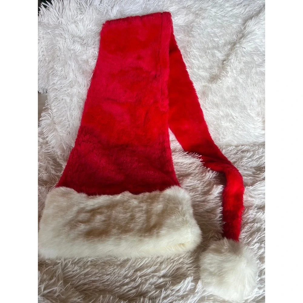 Santa Claus Hat Red White Plush Faux Fur Holiday Long 59